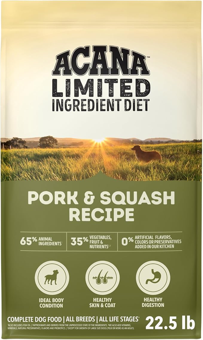 ACANA Singles Limited Ingredient Dry Dog Food Pork & Squash 22.5lb Bag | Sensitive Stomach, Grain Free, High Protein, Made in USA, Includes Probiotics, Limited Ingredient, Global Quality Ingredients