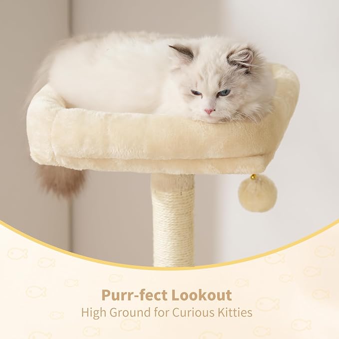 Heybly Cat Tree with Toy, 49.2 inch Cat Tower for Indoor Cats HCT200SM | Spacious Cat House Condo with Hidden Space，Soft Plush Top Perch，Cozy Hammock and Sisal Scratching Posts, Beige