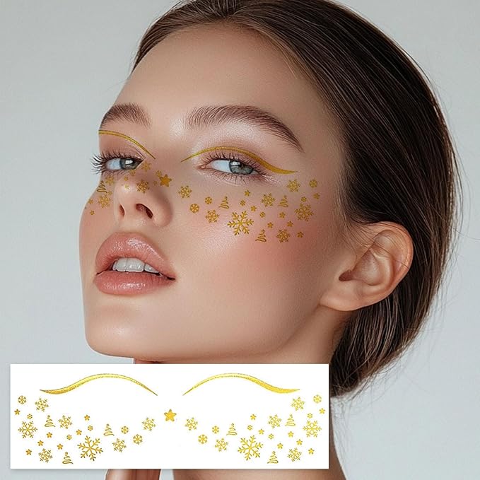 Christmas Freckle Temporary Tattoos - Gold Glitter Snowflake Face Stickers for Women & Girls, Winter Holiday Party Festival Makeup, Easy Apply Face & Body Decals (8 Sheets)