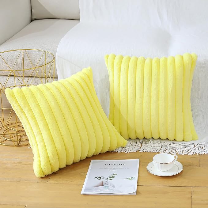 Soleebee Set of 2 Throw Pillow Covers Soft Cozy Velvet Pillowcase Faux Rabbit Fur Cover for Couch Sofa Bed Chair Home Decorative Pillows Cover (24x24 Inch, Lemon Yellow)