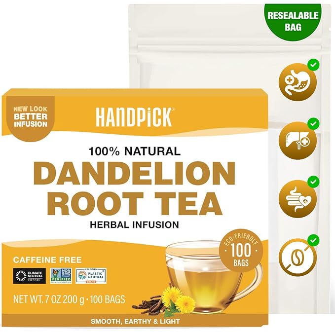 HANDPICK - Dandelion Root Tea bags, 100 Teabags - Natural Dandelion Herbal Tea - Non-GMO - Caffeine-free