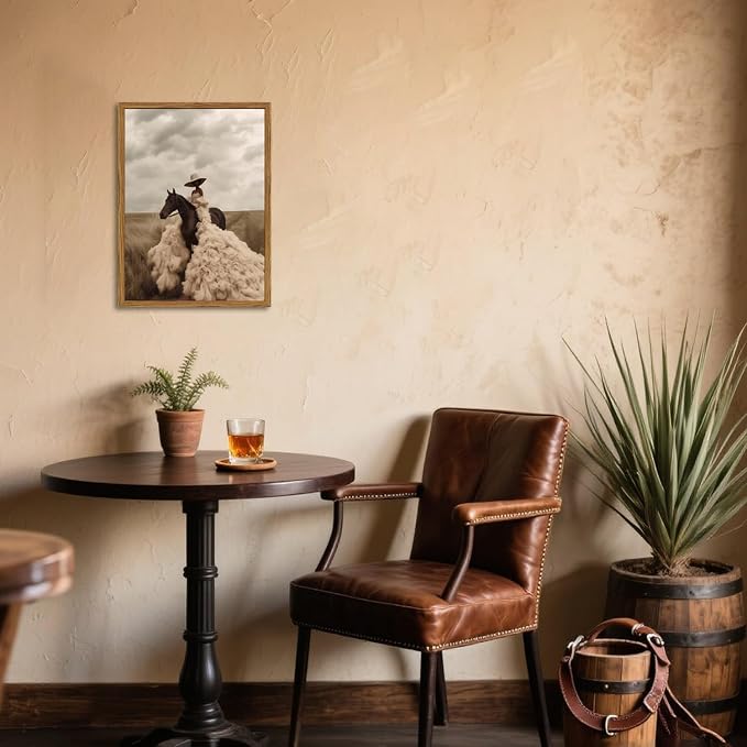 Western Cowgirl Riding Horse Wall Art Vintage Black Girl Rodeo Wall Decor Painting, African American Woman Southwest Poster Canvas Prints for Living Room Bedroom 12x16 inch Wood Framed