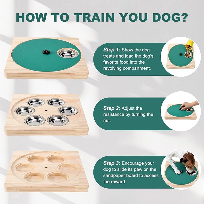 Dog Nail Scratch Board with Treat Board, Stress-Free Nail Care for Dog | Wood Scratching Pad with Sandpaper and 6 Steel Bowls, Nail File Toy for Dog