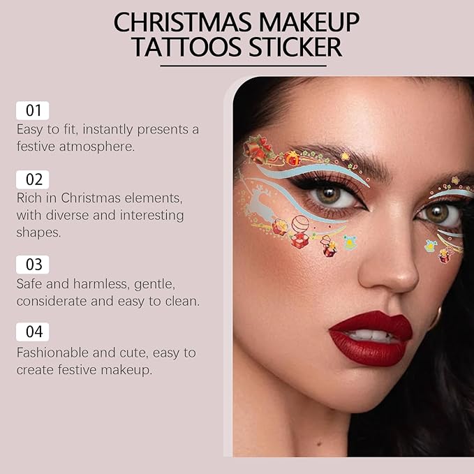 Christmas Face Stickers - Easy Apply Water Transfer Temporary Tattoos for Cheek & Face - Festive Holiday Designs for All Skin Types, No Tools Needed - Party Makeup for Kids & Adults (10 Sheets)