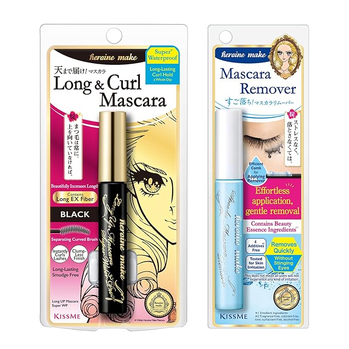 HEROINE MAKE by KISSME Waterproof Mascara Black | Volume and Length by Defining Fiber for Long and Curl Eye Makeup for Women + Gentle Mascara Remover Oil Free, Made in Japan, 2 Set