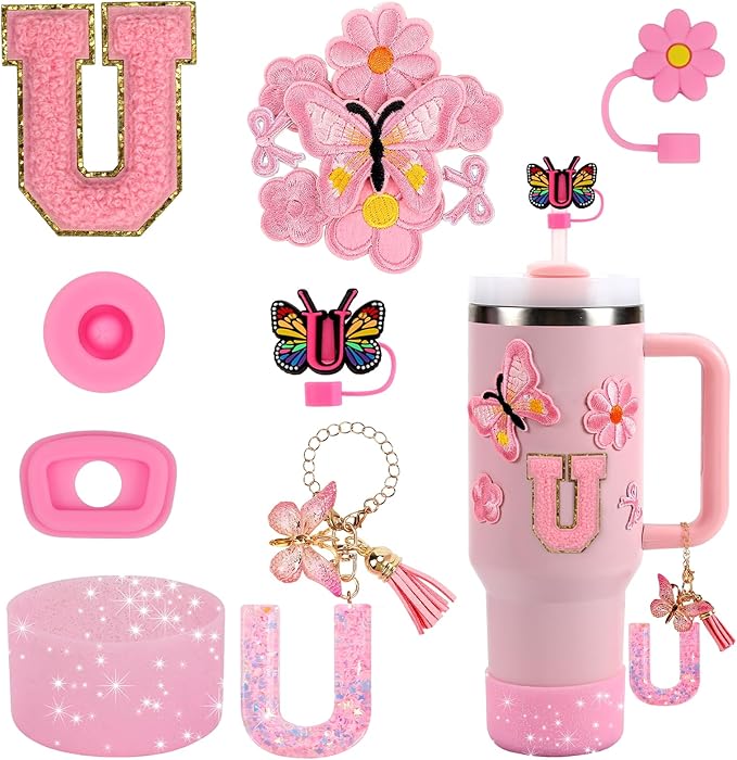 15PCS Cup Accessories Set for Stanley Cup 30oz 40oz Tumbler with Handle, Including Silicone Straw Cover and Boot, Spill Proof Stopper, Stanley Charms, Handle Charm, Initials Sticker