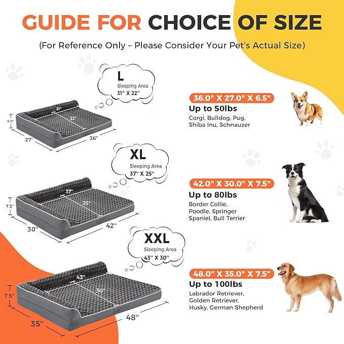 XXL Orthopedic Dog Bed, Extra Large Dogs, 48"x35", Dark Grey | Waterproof, Washable Cover, L-Shaped Pet Couch, Egg-Crate Foam for Pressure Relief, Portable Handle