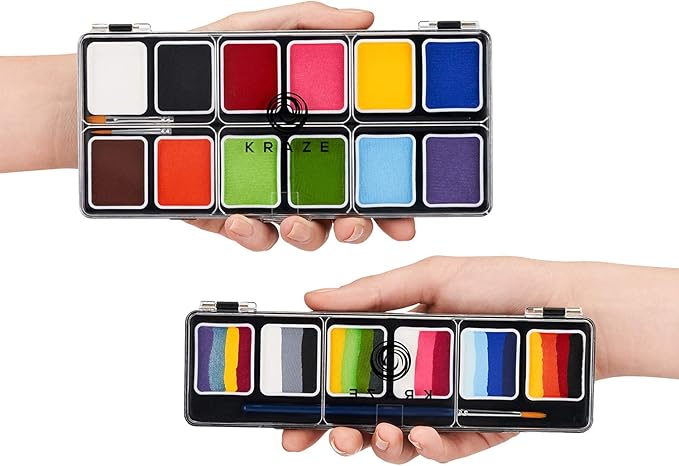 Kraze FX Face Paint Palette Set Of 2 - Fundamentals & Splash, Value Pack of 12 Basic Solid Colors & 6 Fun Split Cakes Palette with Brushes, Professional Face Painting Starter Kit