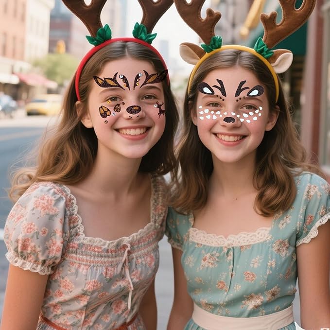 Christmas Elk Glitter Face Tattoo Stickers for Kids - Self-Adhesive Temporary Body Art Makeup for Halloween,Cosplay, Festival - Waterproof Fake Tattoo Stickers - 2Pcs (Reindeer & Elk)
