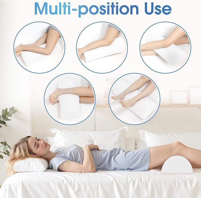TranquilRelax Knee Pillow for Back Sleeping Memory Foam Half Moon Bolster Pillow for Legs, Under Knee Support, Ankle & Foot Comfort Orthopedic Pillow for Side Sleepers (White, 22" x 8.7" x 5.3")