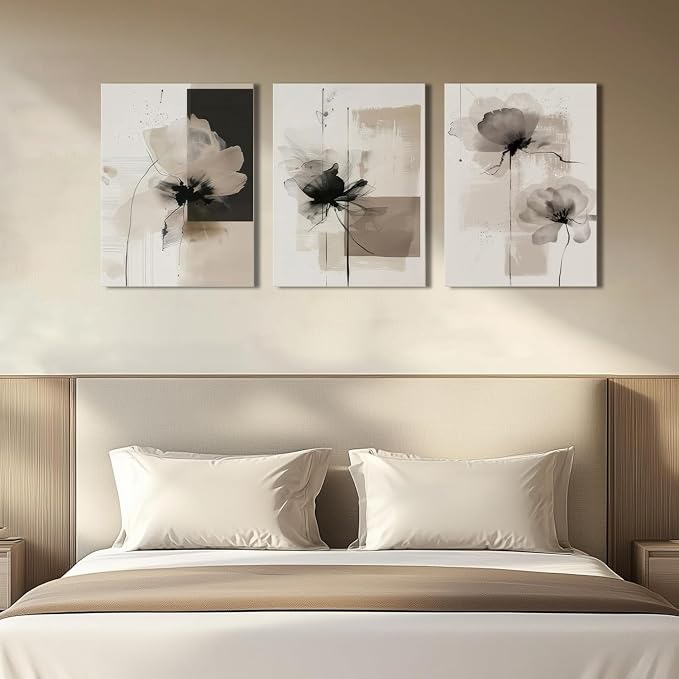 Neutral Abstract Floral Canvas Wall Art Modern Large Minimalist Wall Decor Contemporary Beige Black Flower Posters Prints Picture for Living Room Bedroom Bathroom Office 12x16 In Framed