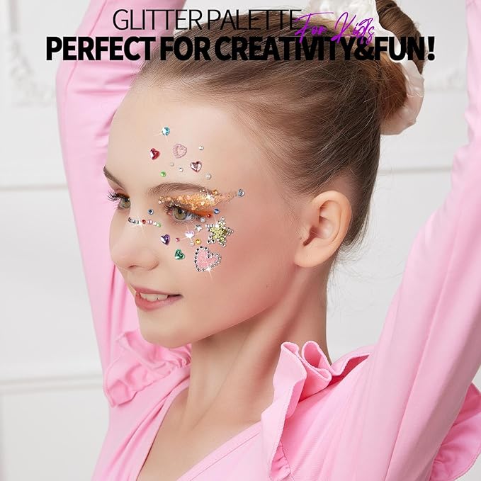 FANDAMEI Face Glitter Face Gems, 40 Colors Glitter Gel Palette with 6 Sheets Self Adhesive Hair Gems, Face Jewels for Women. Face Rhinestones Pearls for Women Kids, Body Hair Glitter