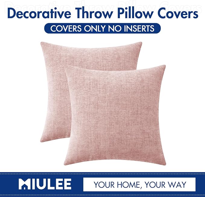 MIULEE Soft Chenille Throw Pillow Covers Pink 18x18 Inch Pack of 2 | Modern Home Decor, Classic Decorative Pillows, Solid Dyed Cases, Boho Couch Cushion Covers for Sofa Bed Living Room