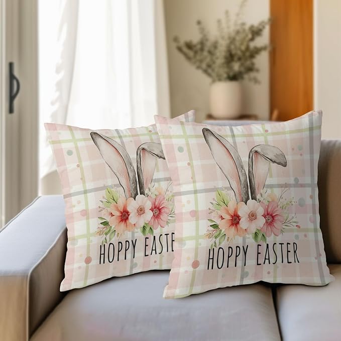 Easter Bunny Floral Pillow Covers 16X16 Inch Spring Pink Buffalo Plaid Decorative Pillow Cases Rabbit Flower Throw Pillows Set of 2 Seasonal Modern Farmhouse Home Decor for Sofa Couch Outdoor