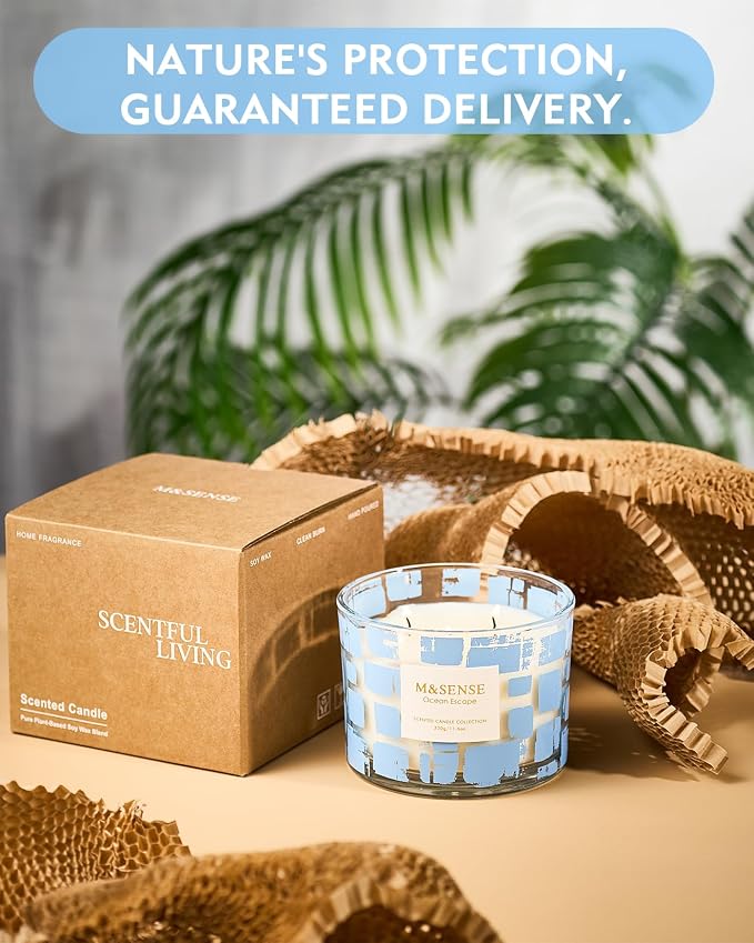 M&SENSE Ocean Escape Scented Candle,11.6oz Natural Soy Wax Non Toxic for Home, 3 Wick Jar Candle, Up to 60 Hours Burn time,Relaxing Aromatherapy Gifts for Women