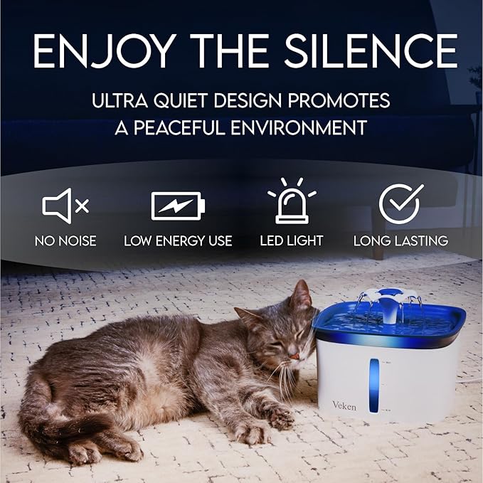 Veken Innovation Award Winner 95oz/2.8L Cat Water Fountain | Automatic Pet Fountain Dog Water Dispenser with 6 Replacement Filters & Silicone Mat for Cats, Dogs (Blue, Plastic)