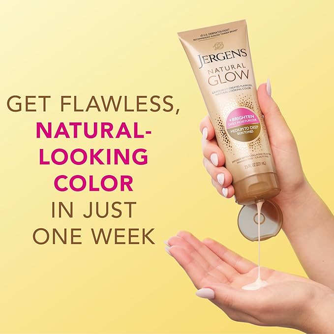 Jergens Natural Glow Self Tanner Body Lotion, Daily Sunless Tanning, Medium to Deep Skin Tone, Daily Moisturizer with Coconut Oil, Vitamin E and Antioxidants, 7.5 Oz, Pack of 2