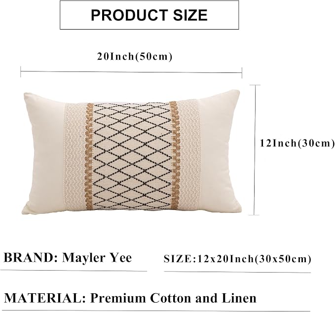 Lumbar Throw Pillow Covers Set of 1 (Beige & Black, 12x20 Inch) | Linen Cotton Soft Cozy, Decorative Sofa Couch Pillow Cases, Textured Woven Single Striped, Boho Sytle for Living Room