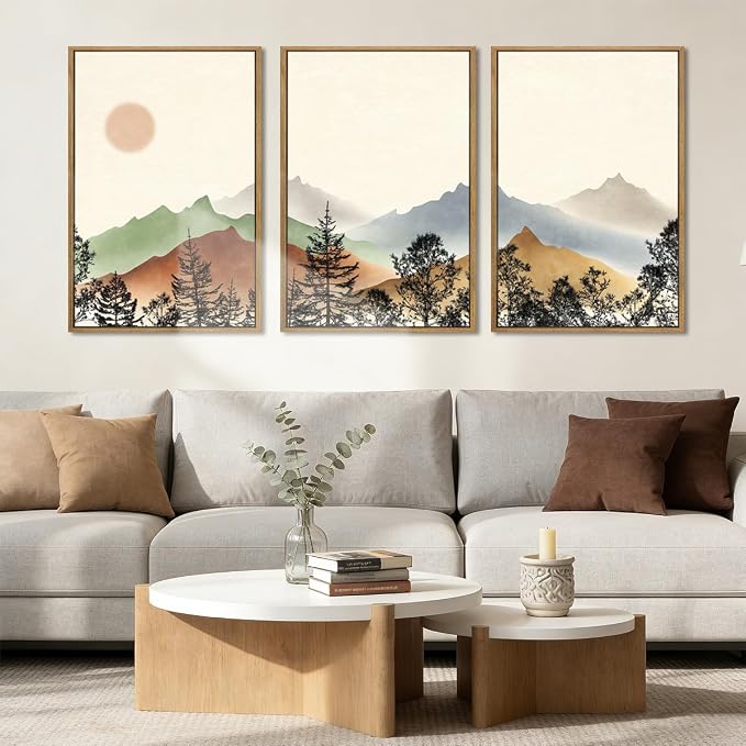 BINCUE Large Boho Mountain Wall Art Framed Wall Decor Watercolor Landscape Art Print Set of 3 for Living Room Bedroom Office 36x24 Inches