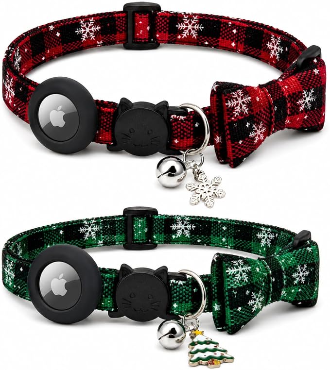 Cat Collar Breakaway 2packs, Reflective Kitten Collar with Apple Air Tag Holder and Bell for Girl Boy Cats, 0.4 Inches in Width and Lightweight (Red and Green)