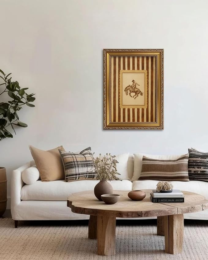 Vintage Gold Framed Wall Art Rodeo Cowboy Horse Canvas Print 16x24in | Western Wall Art, Postage Design, Mid Century Southwest, With Stripes, For Living Room Bedroom Bathroom