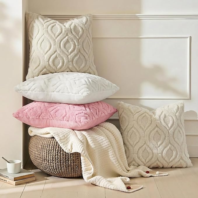 decorUhome Faux Fur Plush Soft Beige Throw Pillow Covers 18x18 Set of 2 | Wool Solid Fall Couch Pillow Covers, Accent Modern Farmhouse Neutral Decorative Square Pillow Cases for Sofa Bed Living Room