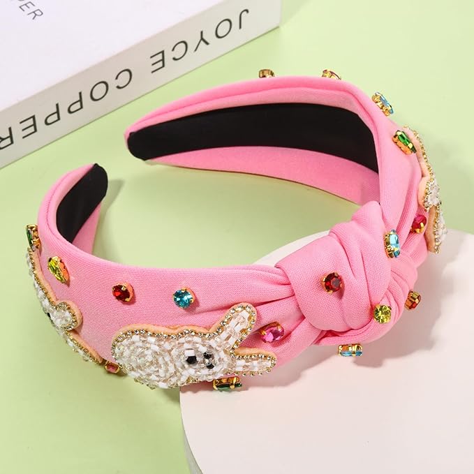 mokkia Easter Headbands Beaded Rabbit Bunny Headband for Women Pink Spring Knotted Headband Easter Hair Accessories Gifts