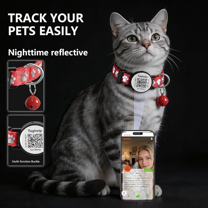 Smart QR Code Cat Collar 2-Pack - Digital Pet ID Tag with Breakaway Safety Design, Reflective Strips & Adjustable Fit for Lost Cat Recovery (Red & Green)