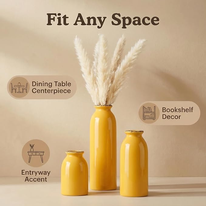 3Pcs Yellow Ceramic Vases, Decorative Vases for Modern Farmhouse | Neutral Pottery Decor for Table Mantel Entryway Bookshelf Living Room