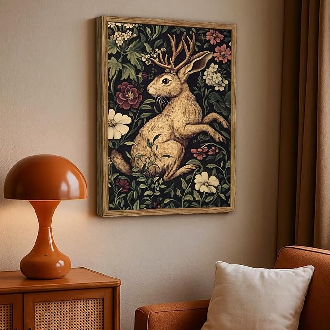 Vintage Rabbit Wall Art Whimsical Dark Cottagecore Jackalope Wall Decor Painting Moody Animal and Botanical Poster Canvas Print for Living Room Bedroom 16x24 inch Wood Framed
