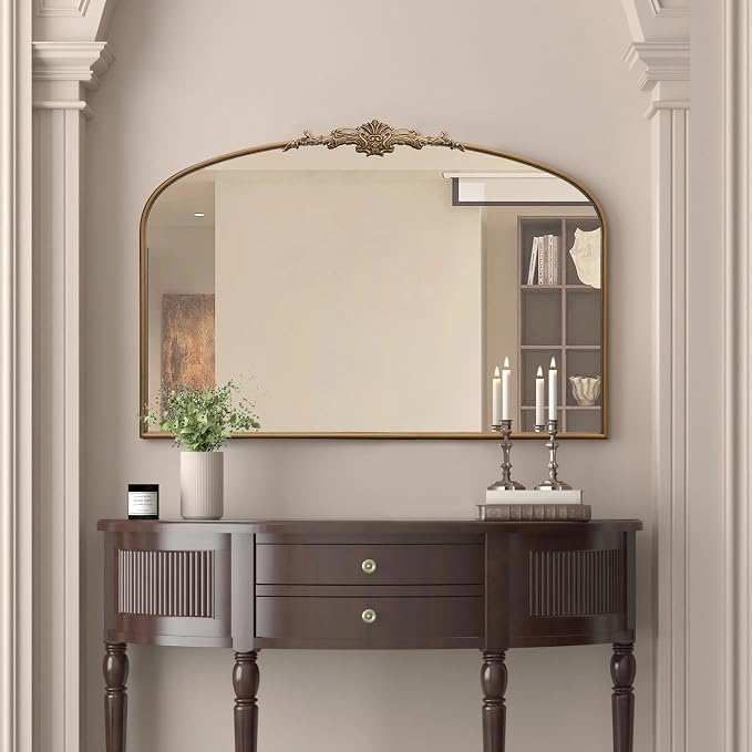 Besdomus Vintage Arch Gold Mirror: 48"x33" Oversize Brass Decorative Mirror | French Baroque Metal Framed - Traditional Ornate for Home Renovation Decor - Ideal for Foyer/Entryway/Fireplace/Living Room