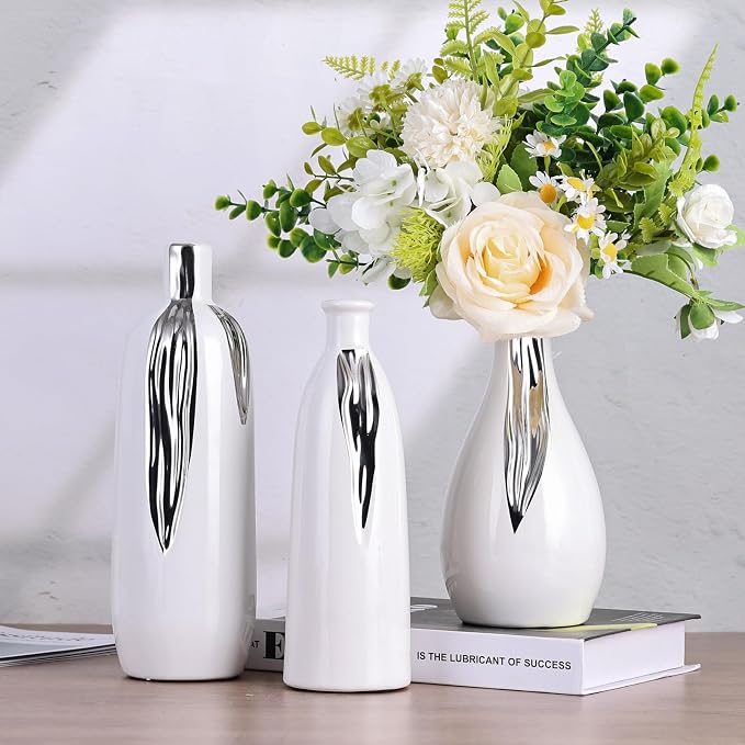 White and Silver Vase Set of 3, Modern Ceramic Decorative Vases for Living Room, Bedroom, Art Decor, Mantle, Home Event Decor, Office Decorative, Weddings, Rustic & Farmhouse (White Silver)