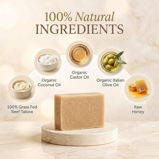 Terra Lotus - Organic Tallow Soap with Organic Castor Oil & Raw Honey - Hydrating & Nourishing - 3 Pack (Unscented)