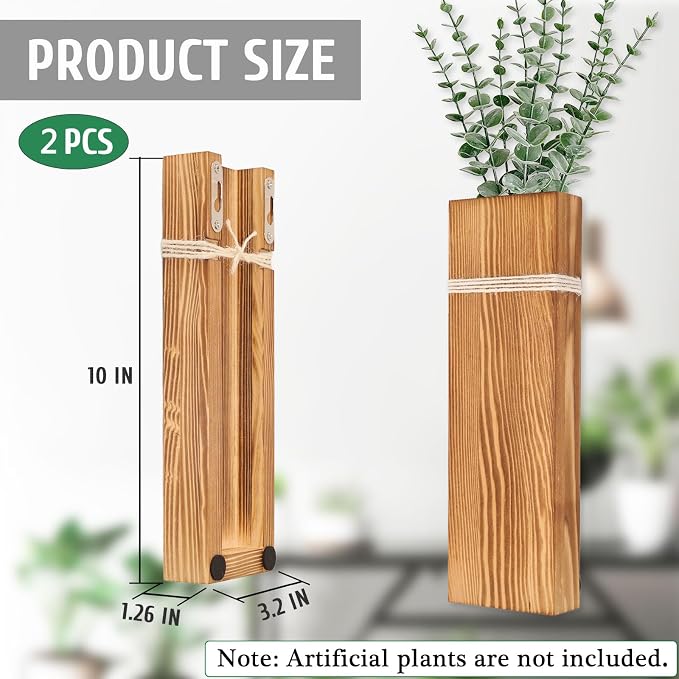 Wall Planters for Indoor Plants-2 Pack Wood Wall Vases for Dried Flowers & Artificial Plants Modern Farmhouse Wooden Vase for Living Room Bedroom Kitchen Decorations - Brown