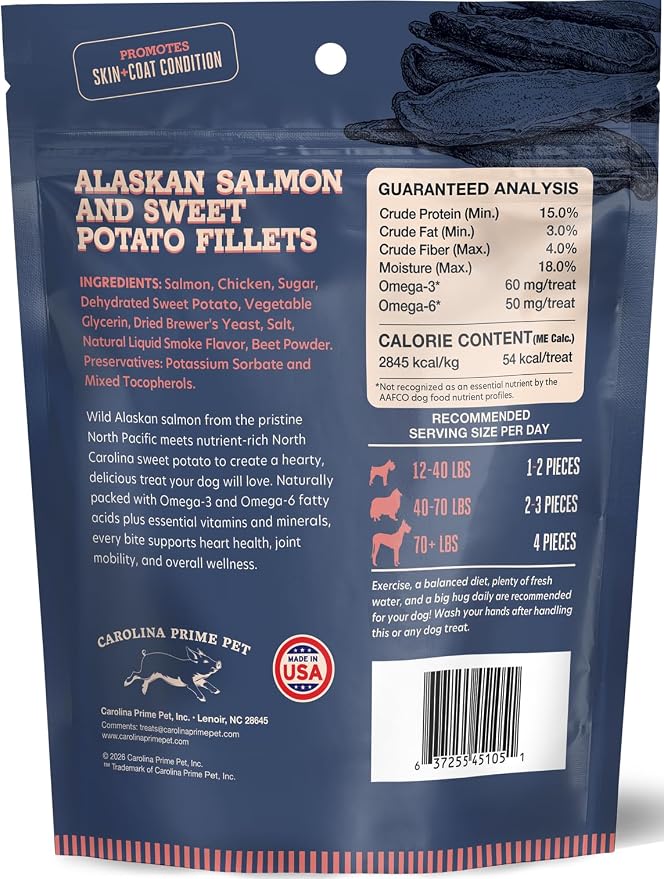 Carolina Prime Pet 45106 Salmon And Sweet Tater Fillets Treat For Dogs ( 1 Pouch), One Size , 12 Ounce (Pack of 1)