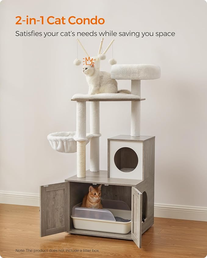Feandrea Cat Tree with Litter Box Enclosure, 59-Inch Modern Cat Tower | 2-In-1 Condo with Scratching Posts, Washable Removable Cushion, Greige UPCT113G01