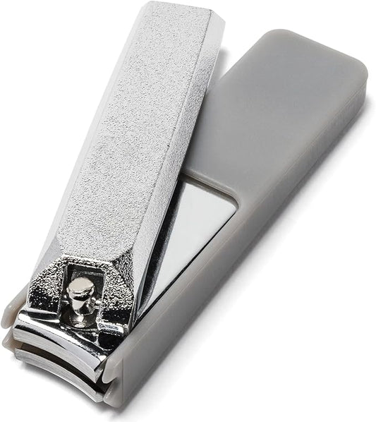 Japanese Nail Clippers, Curved Carbon Steel Blade, Made in Seki Japan, Built-in Nail File & Clippings Catcher, Samurai Design, Fingernail & Toenail Nail Trimmer (Silver)