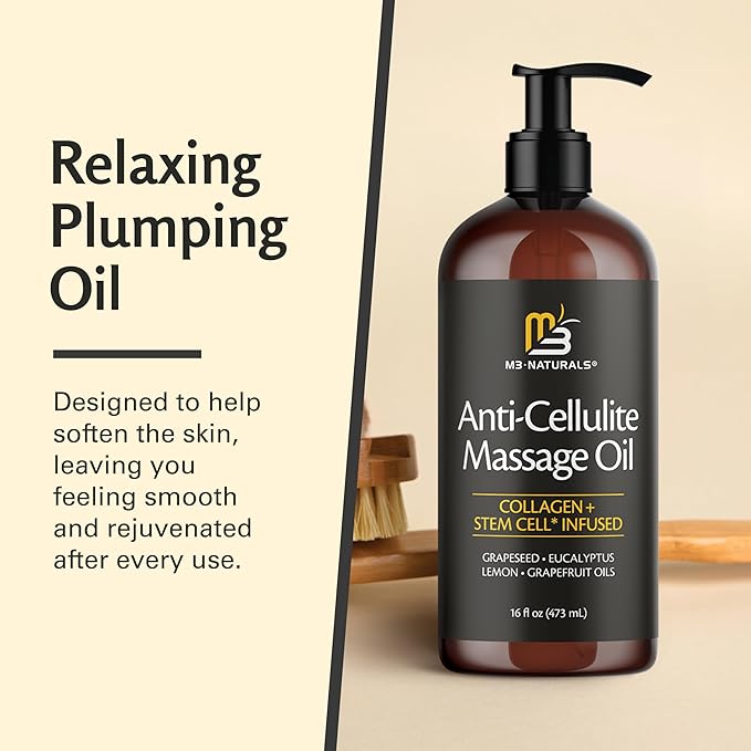 Firming Body Massage Oil with Collagen & Stem Cell – Helps Smooth The Appearance of Cellulite & Improve Skin Texture – Refreshing Aromatherapy Body Oil for Legs & Full Body – 16 Fl Oz
