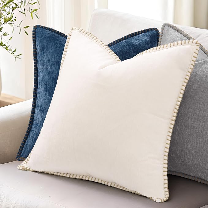 decorUhome Soft Chenille Throw Pillow Covers 20x20 Set of 2 Neutral Gray | Fall Textured Decorative Throw Pillow Cases Stitched Edge Modern Farmhouse Luxury Boho Velvet for Couch Sofa Bed Home Decor