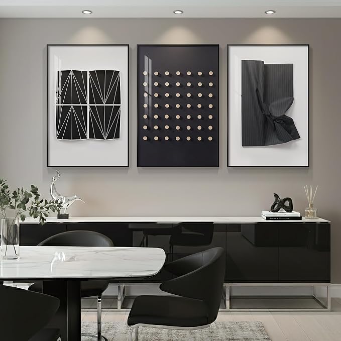 Large Framed Modern Elegant Black and White Abstract Wall Art for Living Room, 3 Piece Contemporary Prints Paintings, Big Size Geometric Pictures for Bedroom Entryway Home Office Wall Decor 24x36 In