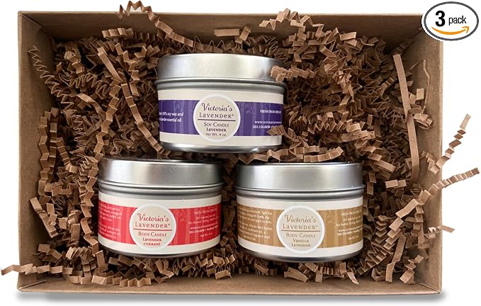 Victoria's Lavender Massage Oil Candles Gift Box, Aromatherapy Scented Candle, Travel Size, Pack of 3