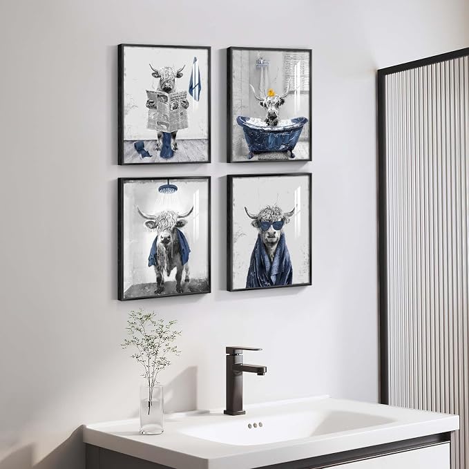 Framed Highland Cow Funny Animal Bathroom Wall Art, 4 Piece 11x14 In | Crystal porcelain coating, Waterproof prints, Navy blue and grey pictures, Wall decor for restroom toilet washroom