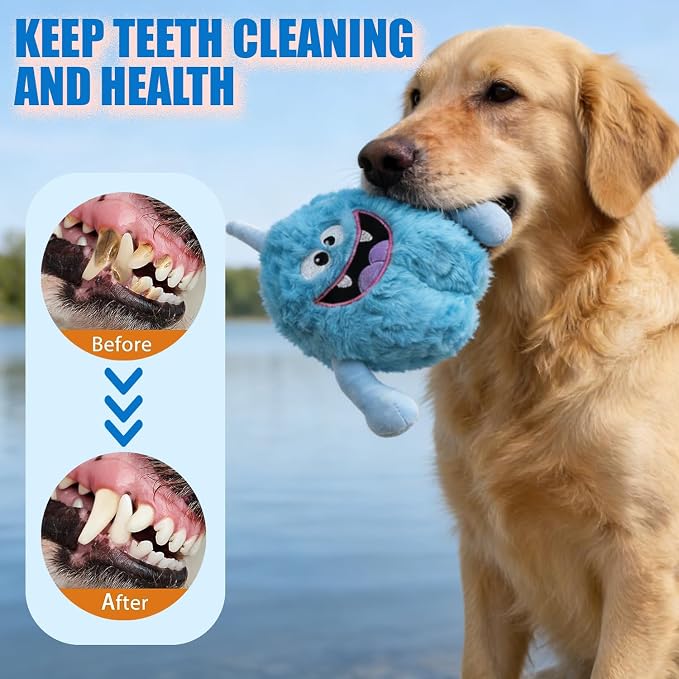 Monster Stuffed Squeaky Dog Toy, Crinkle Dog Plush Toy, Light Blue | Soft Lightweight Toy for Fetch and Chew, Interactive Outdoor Indoor Play for Tug, Birthday Gift, For Puppy Small Medium Dog