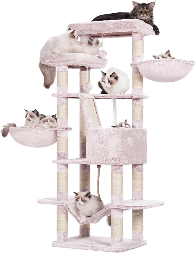 Heybly Cat Tree, 68 inch Multi-Level Cat Tower for Indoor Cats HCT025MU | Cat Condo with 2 Widened Plush Perches, 2 Cozy Baskets, Scratching Board and Big Caves, Rosy Brown