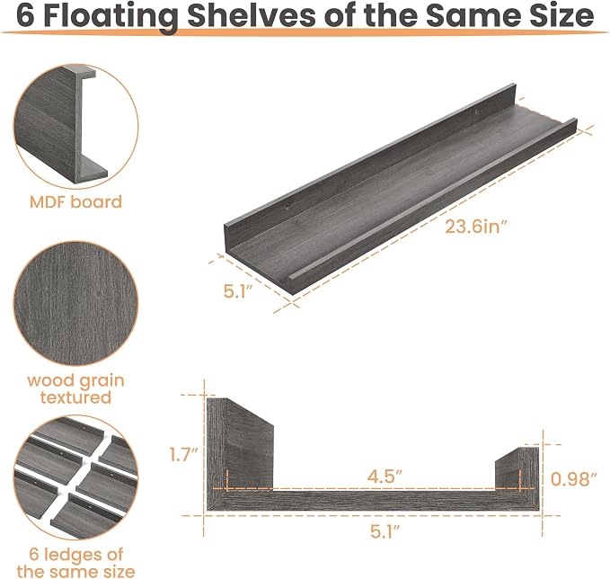 upsimples Floating Shelves for Wall Decor and Storage, Grey, 6Pcs 23.6'' | Wall Mounted Wood Shelves for Living Room, Bedroom, Bathroom, Kitchen, Office, Nursery Room, Coffee Bar Display and Organize