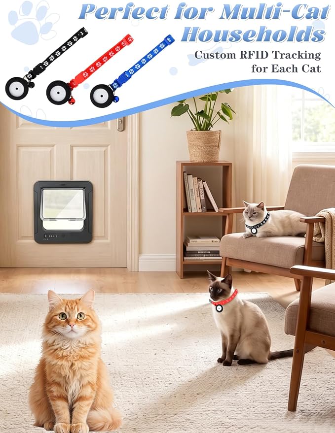 Smart Cat Door with 3 Collar Sensor Key, RFID Cat Door Collar Activated with Remote Control, 4 Way Locking Cat Flap Automatic Pet Door Interior & Exterior, Flap Opening is 7.67’’ (H) by 7'' (W)