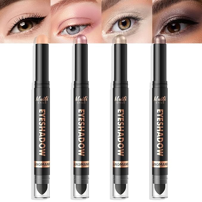 LANGMANNI 4Colors Dual-Ended Cream Eyeshadow Stick Set – Silky Smooth, Waterproof & Transfer-Proof, Built-in Blender Brush, All-Day Matte & Shimmer Wear Eye Makeup(#5+6+7+8)