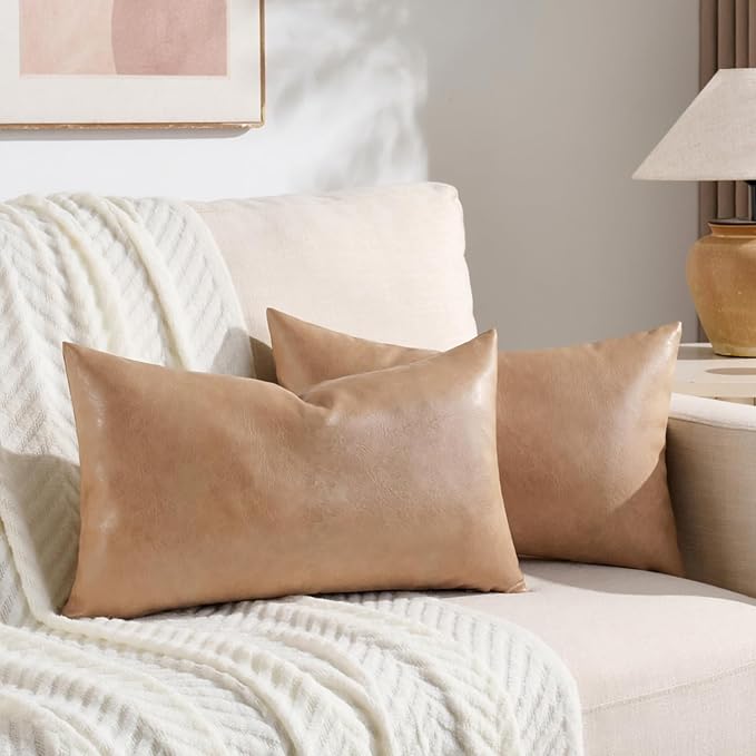 Fancy Homi Tan Long Lumbar Faux Leather Body Decorative Throw Pillow Cover 12x20 Inch for Bedroom Couch Bed Bench, Thick Beige Solid Rectangular Waterproof Cushion Case, Boho Farmhouse Room Decor