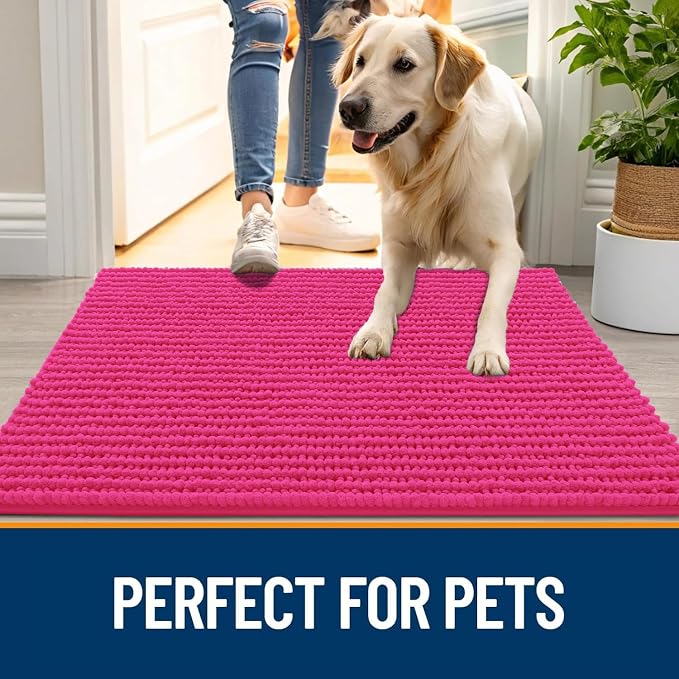 OLANLY Dog Door Mat for Muddy Paws 24x16, Extra Absorbent Chenille Mud Mat | Hot Pink, Absorbs Moisture and Dirt, Non-Slip Machine Washable Doormat, Quick-Drying Indoor Entryway Floor Mat for Dogs