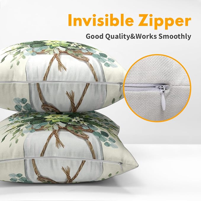 Kawani Eucalyptus Leaves Throw Pillow Covers 16x16 Inch Set of 2 Seasonal Watercolor Green Leaf Mason Jar Pillowcase Cotton Linen Square Cushion Case for Couch Sofa Bed Living Room Decor